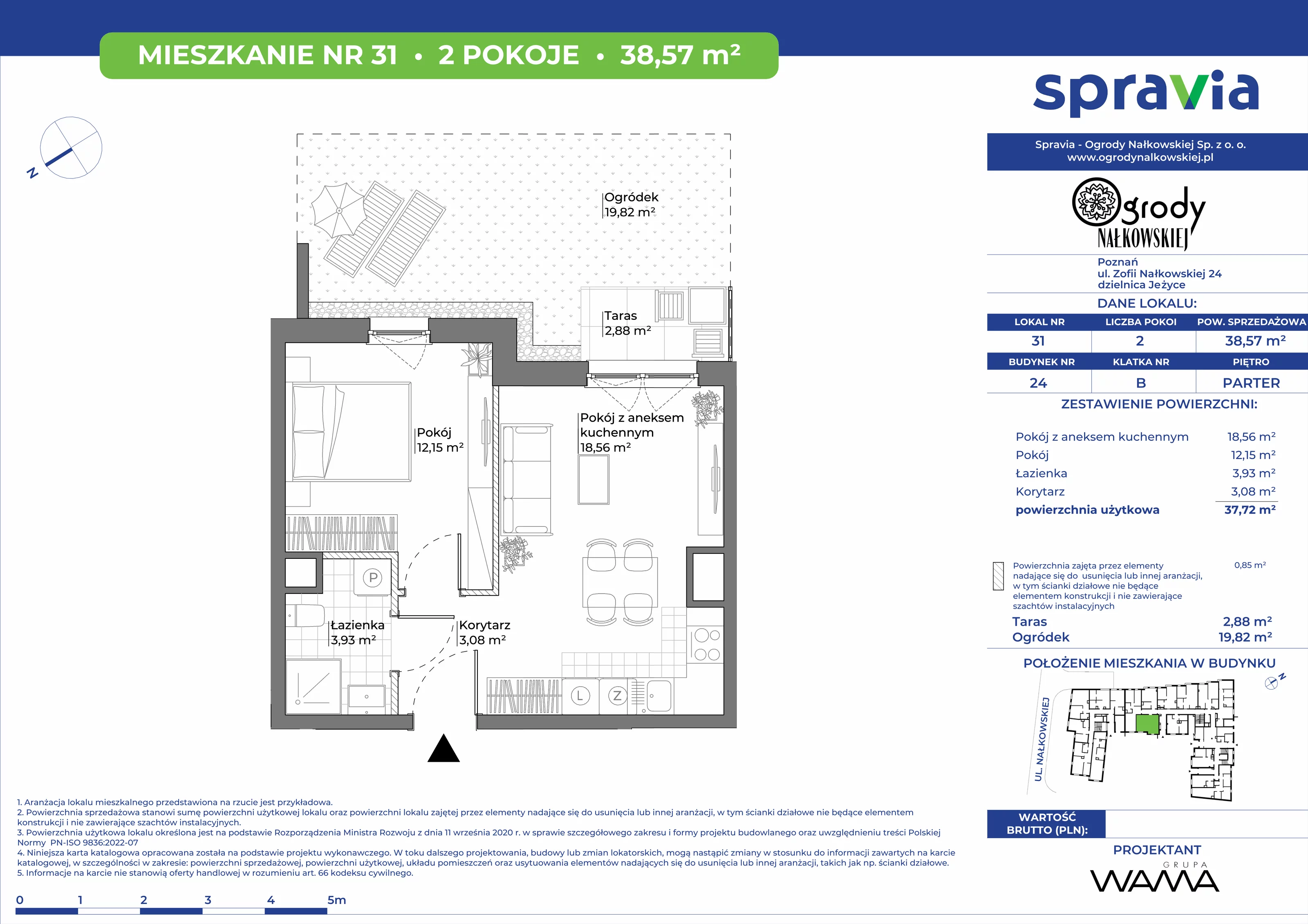 2 pokoje, mieszkanie 38,57 m², parter, oferta nr 24-31, Ogrody Nałkowskiej, Poznań, Ogrody, ul. Nałkowskiej 24, 26